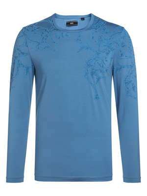 【18秋冬新款】VERRI/VERRI植絨工藝圖案,栩栩生動(dòng),圖案效果飽滿(mǎn)的藍(lán)色棉質(zhì)圓領(lǐng)修身款長(zhǎng)袖T恤-男士長(zhǎng)袖T恤