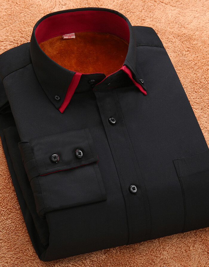 保羅 加絨加厚襯衫男男士雙層領(lǐng)長(zhǎng)袖保暖襯衣 黑色 SL5602 42